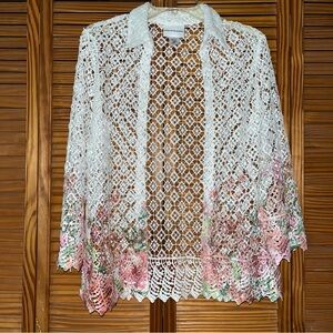 Alfred Dunner Floral Lace Crochet Lightweight Open‎ Lace Cardigan Size Small